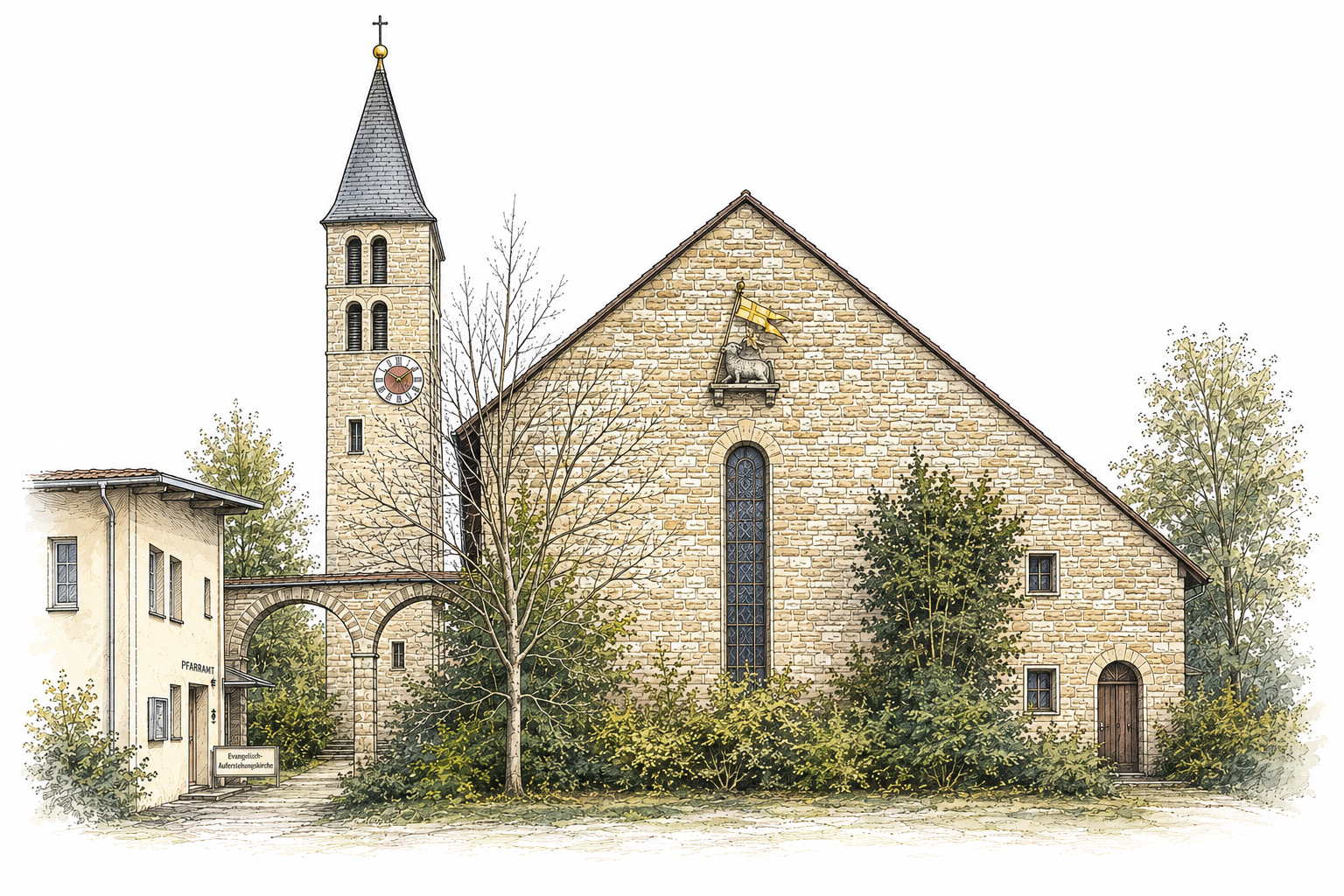 KI-generierte Illustration der Auferstehungskirche in der Gartenstadt