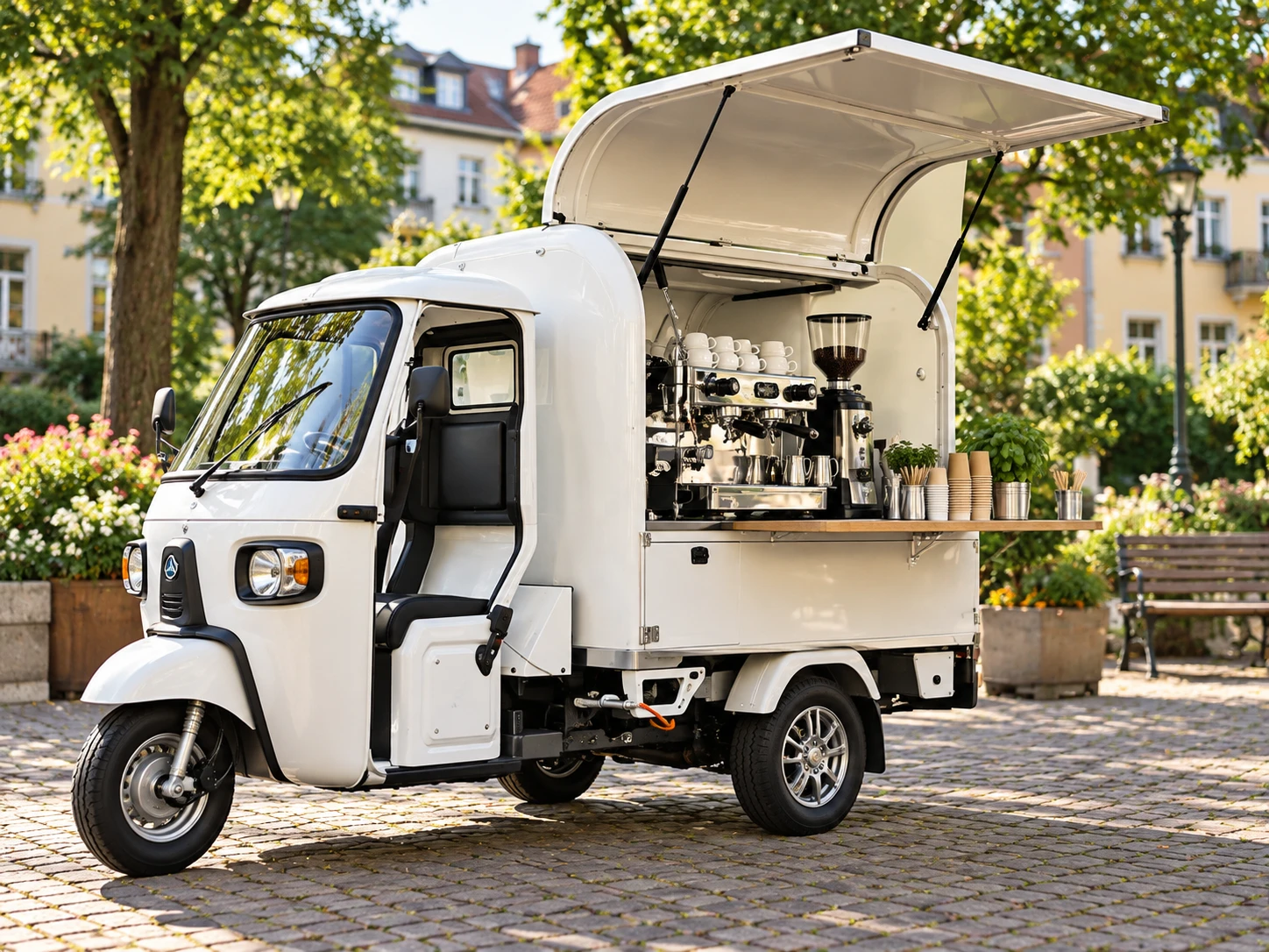 KI-generiertes Symbolbild einer weißen Ape als Cafémobil auf einem Stadtplatz