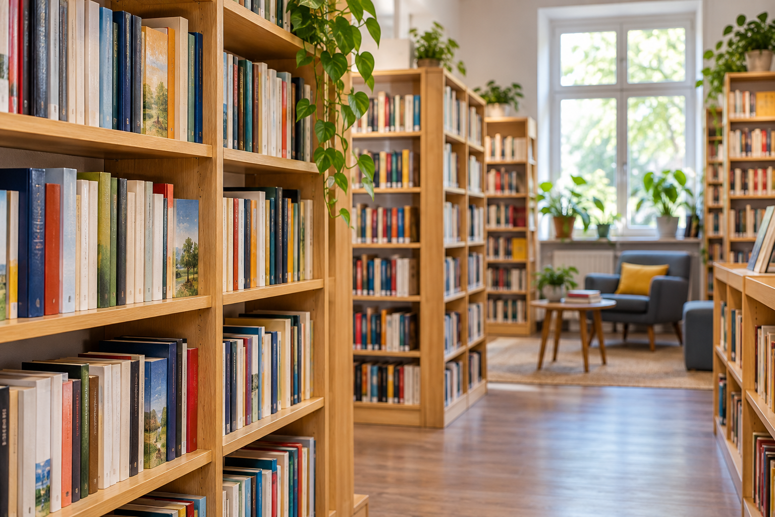 KI-generiertes Symbolbild mit Bücherregalen und einer Leseecke