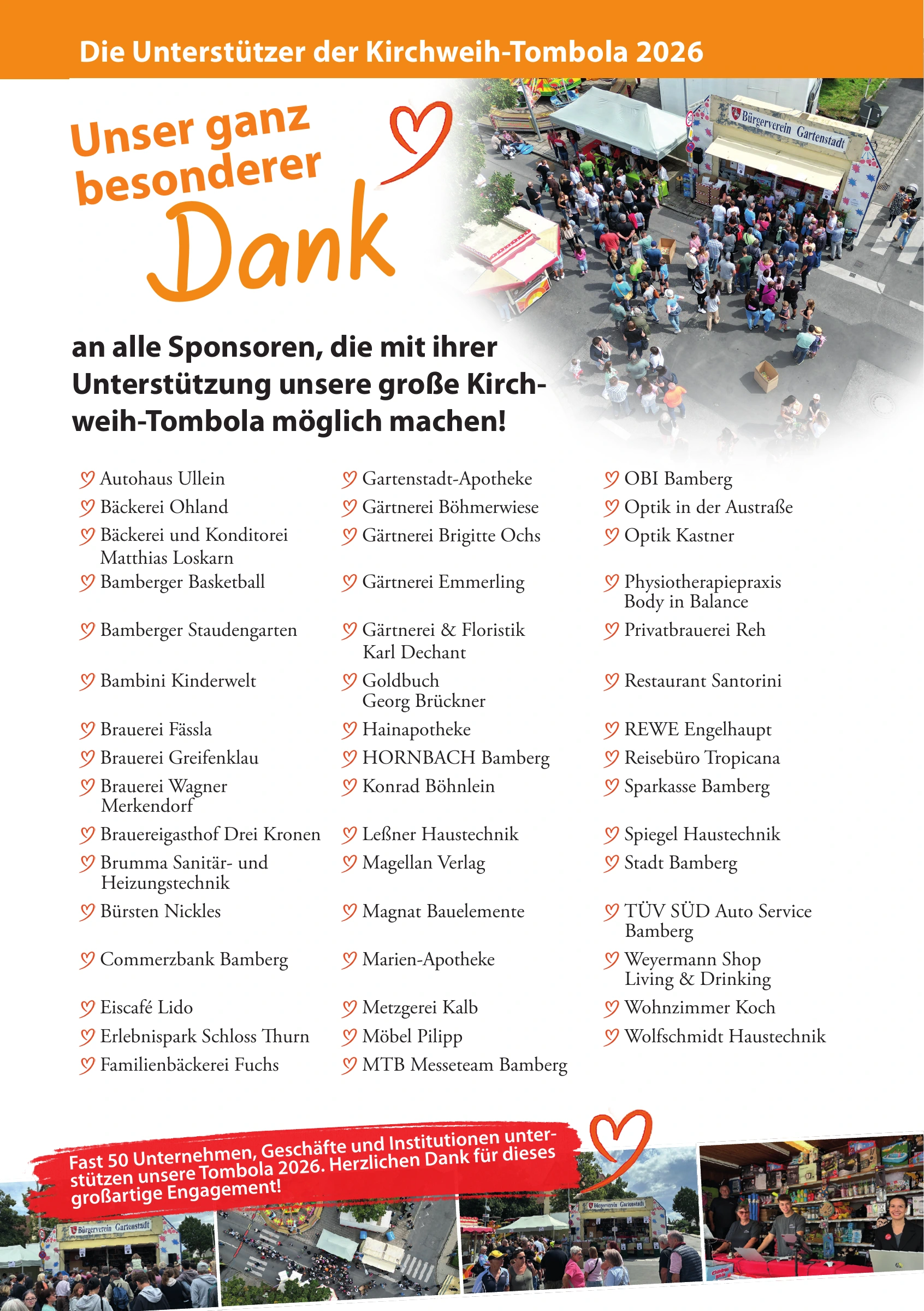 Vollständige Sponsorenseite der Kirchweih-Tombola 2026 mit den Namen unserer Unterstützer